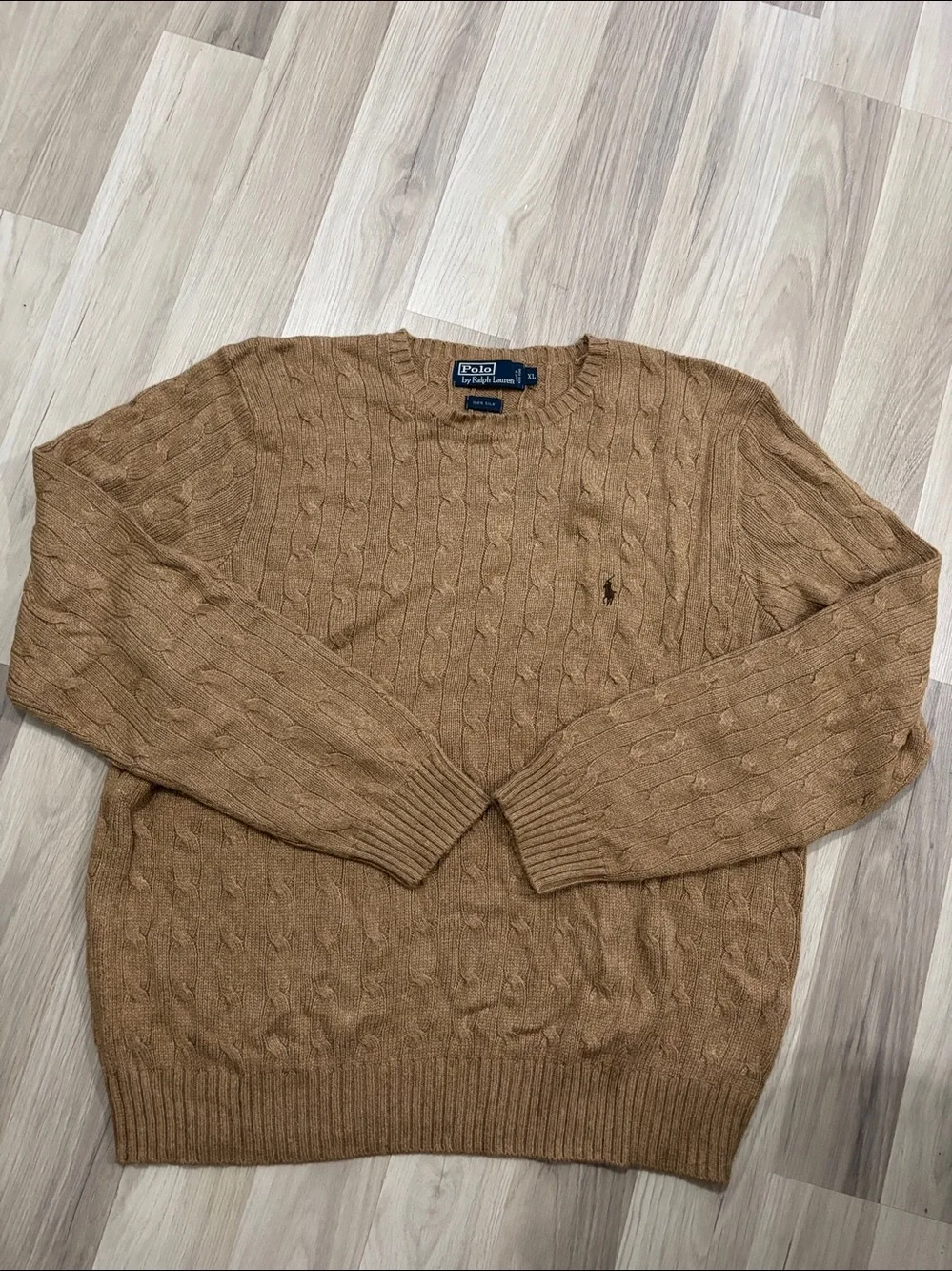Polo Ralph Lauren Men’s Cable Knit Silk Camel Crewneck 100% Silk Sweater  Sz XL